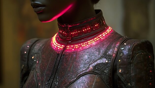 Woman in Dark Glittery Jacket with Pink LED Collar