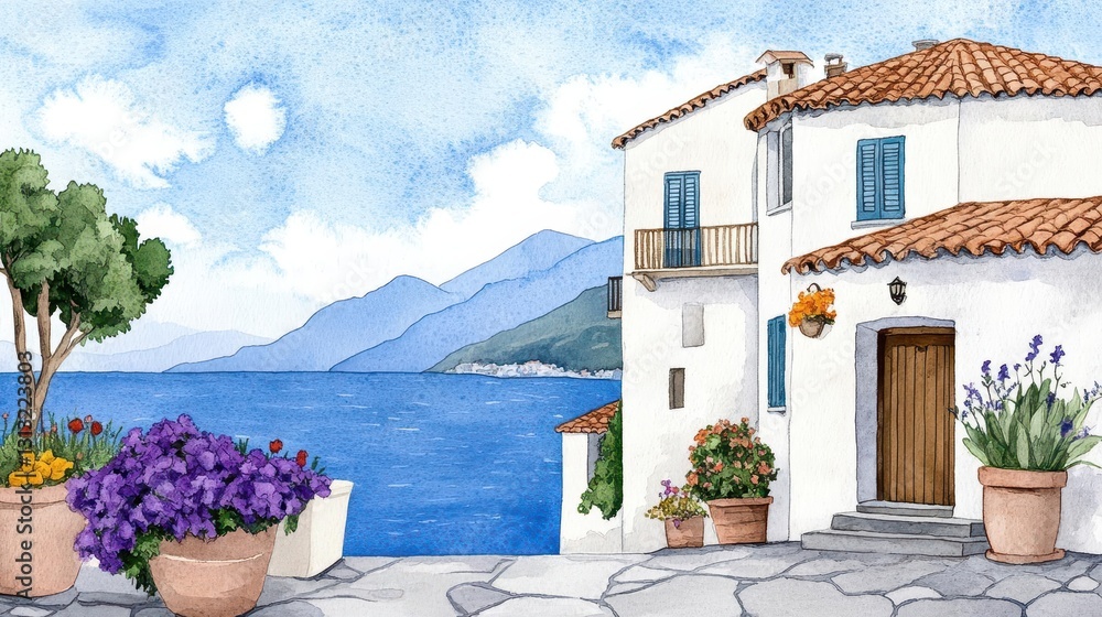 Poster a charming house by the water surrounded by nature with a beautiful reflection in the calm surface o