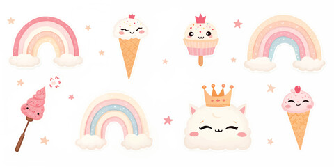 Collection of kawaii style rainbow, cupcake, cute ice cream, magic wand, princess crown, cute desserts characters. Hand drawn kawaii stickers pack or pattern for kids design, print fabric