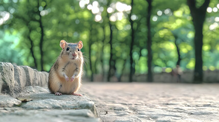 A small furry rodent standing on stones with forest backdrop