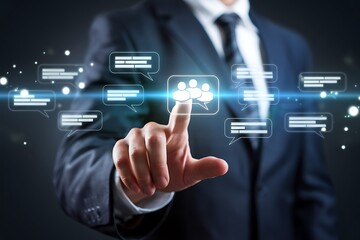 A businessmans finger interacts with a holographic display showing communication bubbles and group icons, representing digital networking and communication technology.