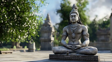 Serene shiva statue ancient temple grounds digital art lush garden close-up spiritual reflection