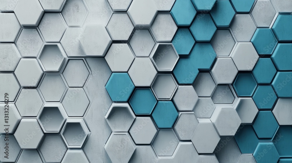 Poster an arrangement of hexagonal tiles in blue and white tones, creating a modern and stylish texture. id