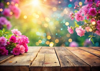 Double Exposure: Pink Flowers & Wooden Table Bokeh Background Stock Photo