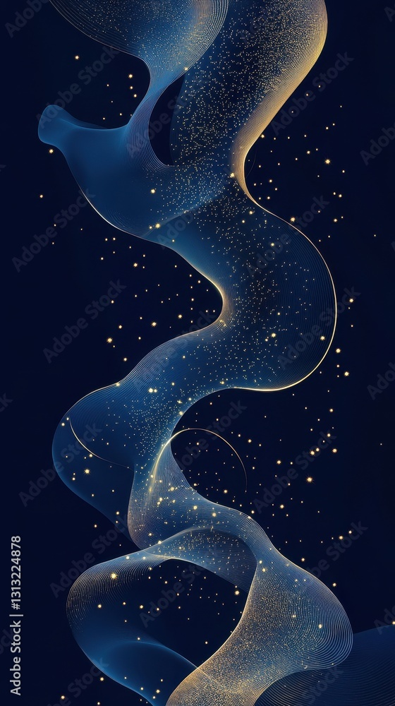 Poster abstract flowing lines with golden particles on dark background