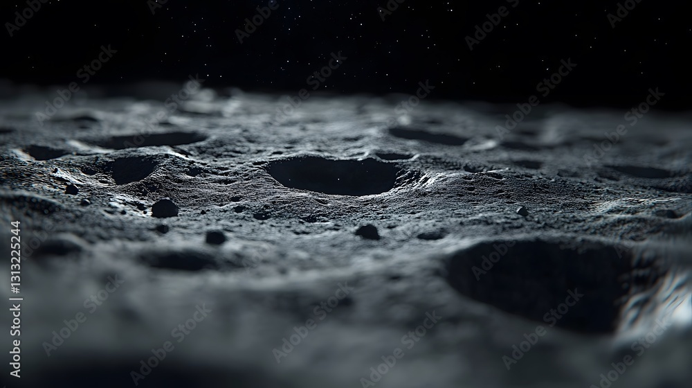 Poster close-up of a cratered, rocky surface resembling the moon or another celestial body. dark grey tones