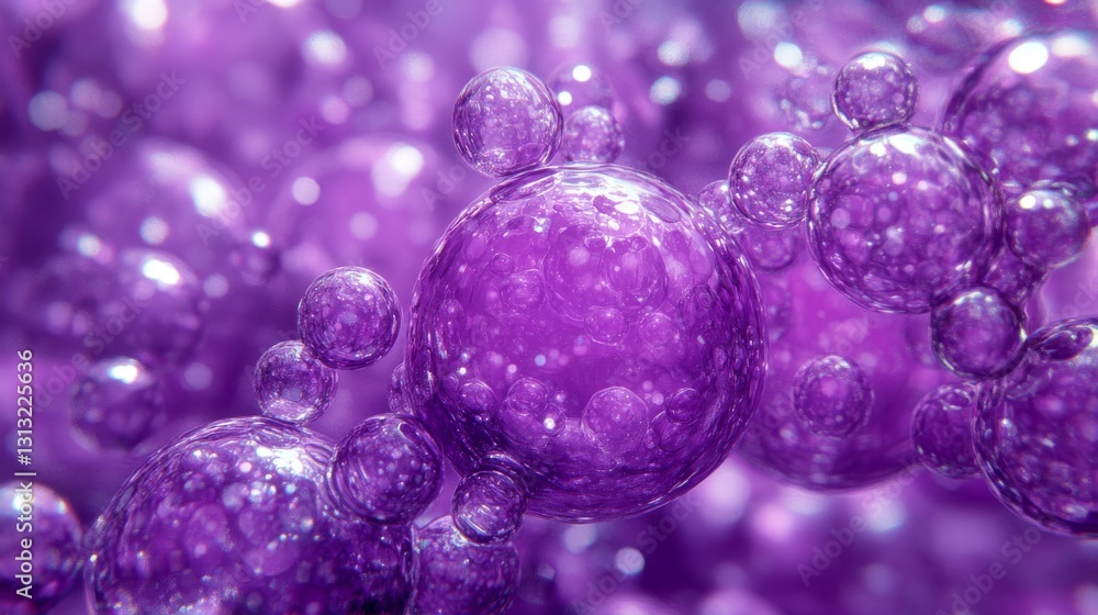 Poster a vivid 3d render of transparent, glowing purple bubbles in a surreal, abstract composition. the int
