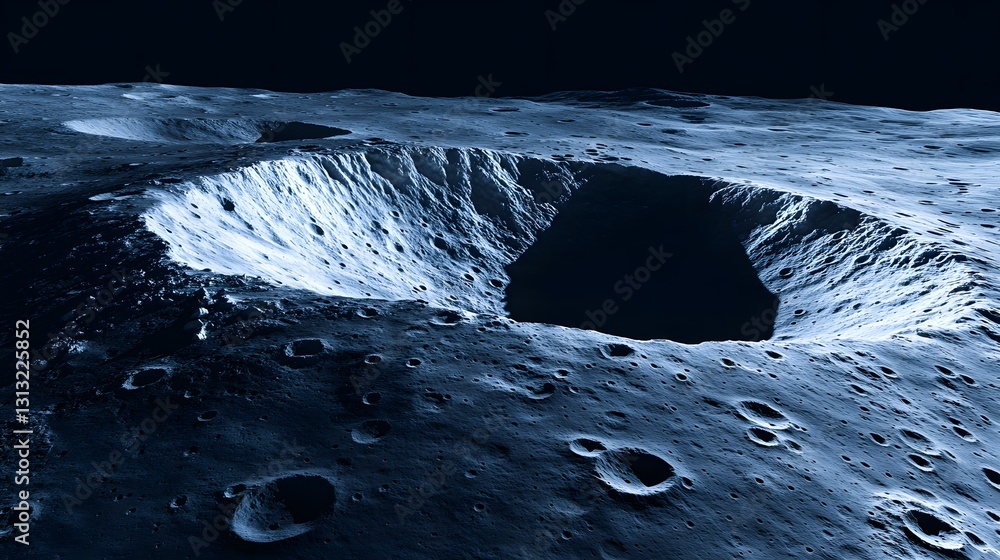 Poster a dramatic, close-up view of a cratered lunar or asteroid surface. deep shadows and stark contrasts 