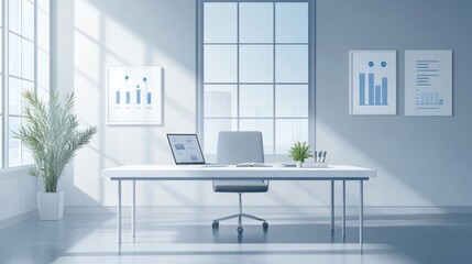 Modern office workspace with city view, sunny day