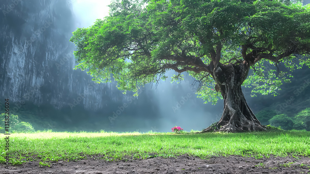 Poster a large beautiful tree sits in front of a mountain scene