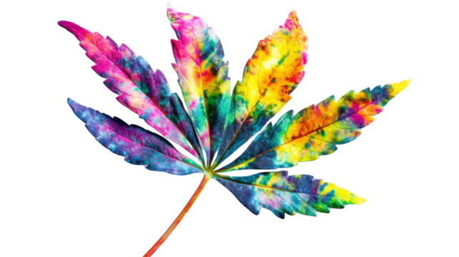 Colorful cannabis leaf showing rainbow colors on transparent background