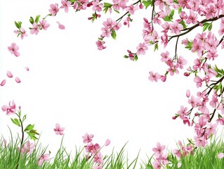 Obraz na płótnie Canvas Springtime Nature Background With Fresh Green Leaves And Pink Sakura Trees