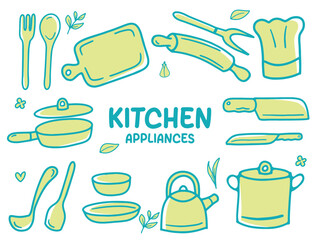 Set of icons with Kitchen Appliances theme. With doodle style. For layout, website, graphic design.