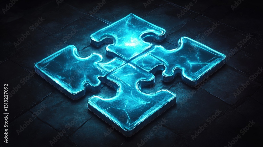 Poster a vibrant 3d rendering of neon blue puzzle pieces glowing with an electric light effect, placed on a