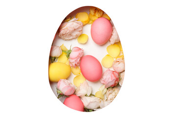 PNG, Easter, cut out egg shape with flowers, with pink egg, on pink background, isolated on white...