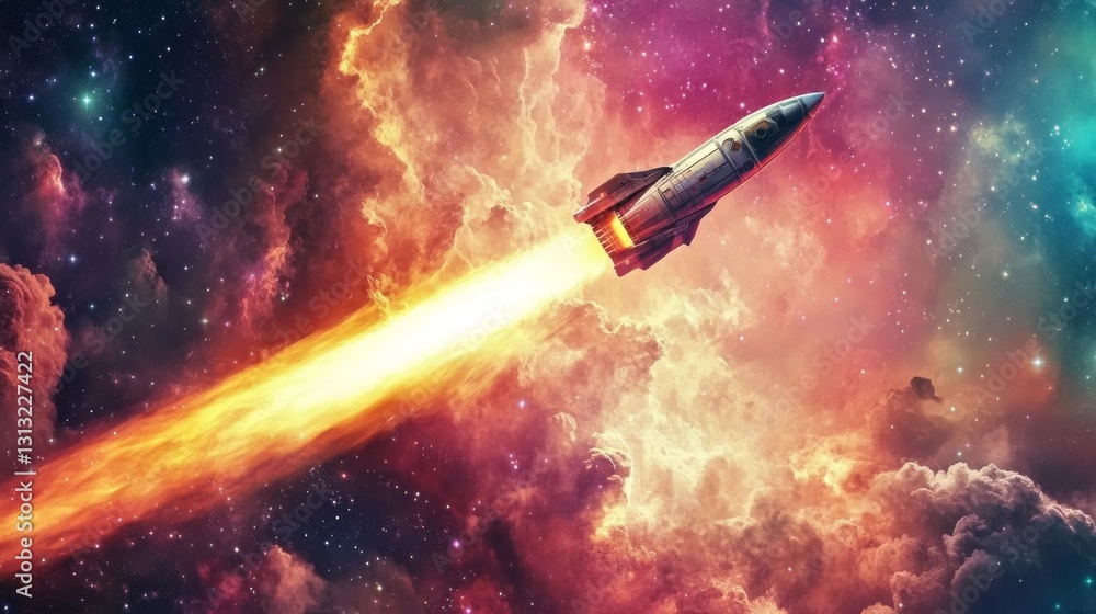 Poster a cutting-edge spacecraft flies through colorful nebulae, showcasing its sleek design and vibrant pr