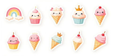 Collection of kawaii style rainbow, cupcake, cute ice cream, magic wand, princess crown, cute desserts characters. Hand drawn kawaii stickers pack or pattern for kids design, print fabric