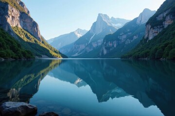 Obraz premium Mirror-like fjord, dramatic cliffs frame mountain reflection, water, majestic, towering
