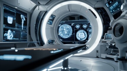 Fototapeta premium A futuristic medical imaging facility featuring a glowing circular MRI scanner, sleek monitors, and a clean, modern aesthetic with high-tech design elements.. AI Generation