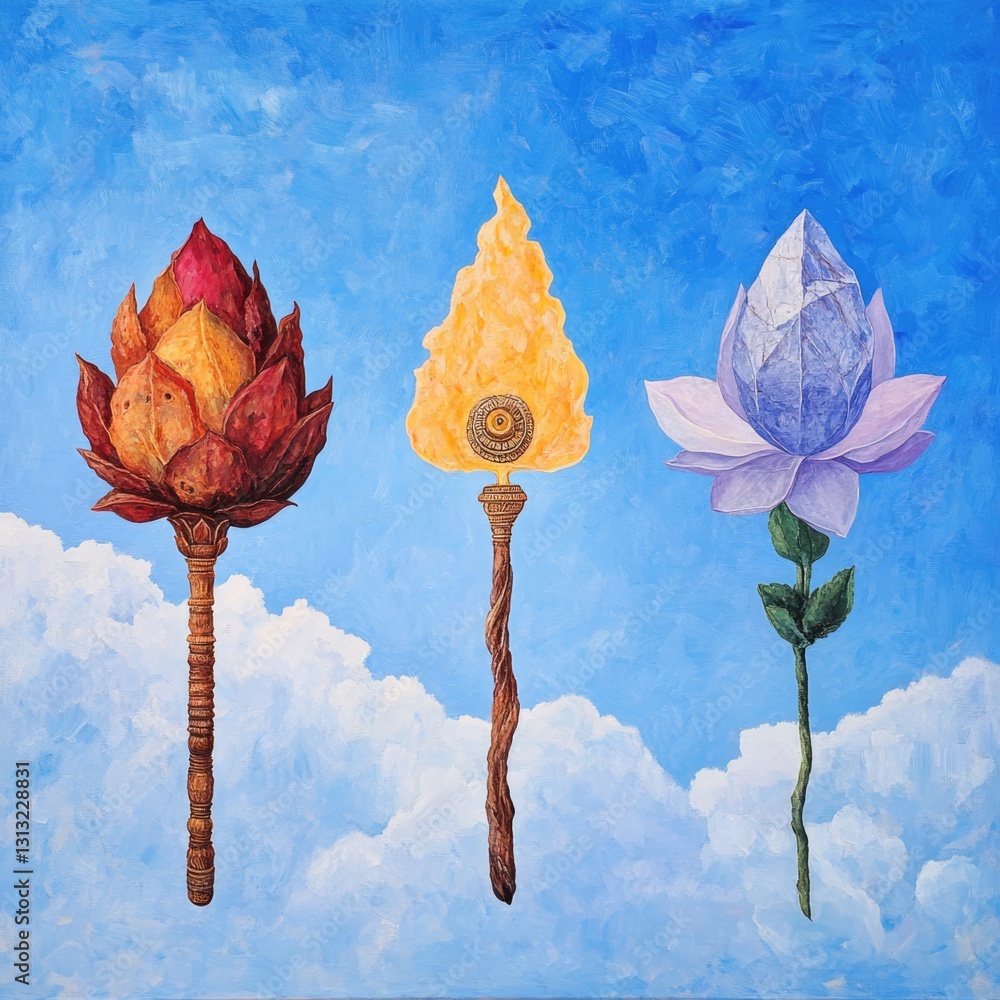 Poster artistic creation of transformation lotus and flames in a colorful dreamlike representation