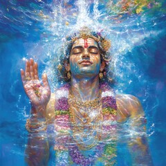 Divine water dance of krishna spiritual celebration sacred space vivid imagery artistic interpretation