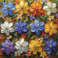 Fototapeta premium A vibrant painting featuring a stunning bouquet of multicolored flowers, including reds, yellows, and blues, artfully arranged on a rustic brown wooden surface, creating a warm, inviting atmosphere.