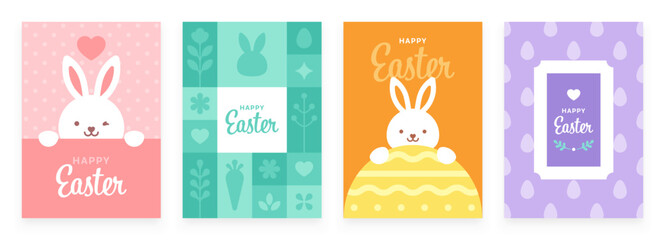 Set of Happy Easter pastel illustrations with cute bunny, easter eggs, heart and flowers. Easter and spring designs great for card, postcard, invitation, poster, cover, flyer, banner, or social media