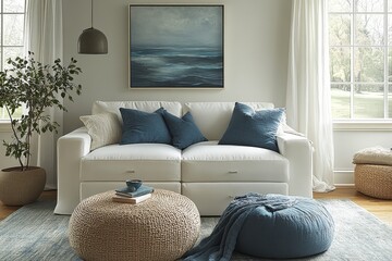 Fototapeta premium White high-gloss six-drawer dresser in an elegant living room with contemporary art and modern decor.