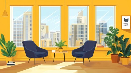 Fototapeta premium Modern apartment room with city view, comfortable seating, and plants