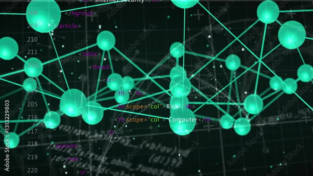 Aufkleber animation of glowing nodes and lines with computer code in digital network