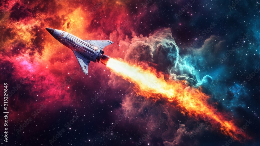 Poster an advanced rocket soars through vivid cosmic clouds, leaving a blazing trail of fiery exhaust as it