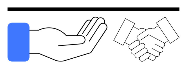 Open palm and handshake underlined by a bold line. Ideal for trust, partnership, collaboration, negotiation, communication, teamwork, support. Flat simple metaphor