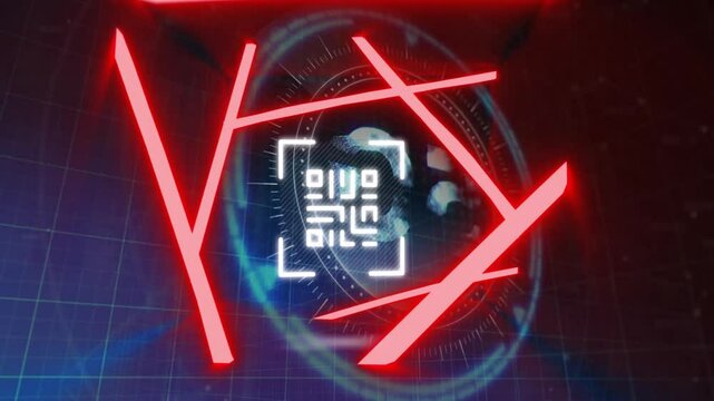 Animation of futuristic interface with red lines and QR code in circular design
