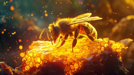 Fototapeta premium Macro image of a honeybee gathering nectar on a radiant honeycomb. Captivating golden hues and scattered pollen particles accentuate the beauty of this natural moment.. AI Generation