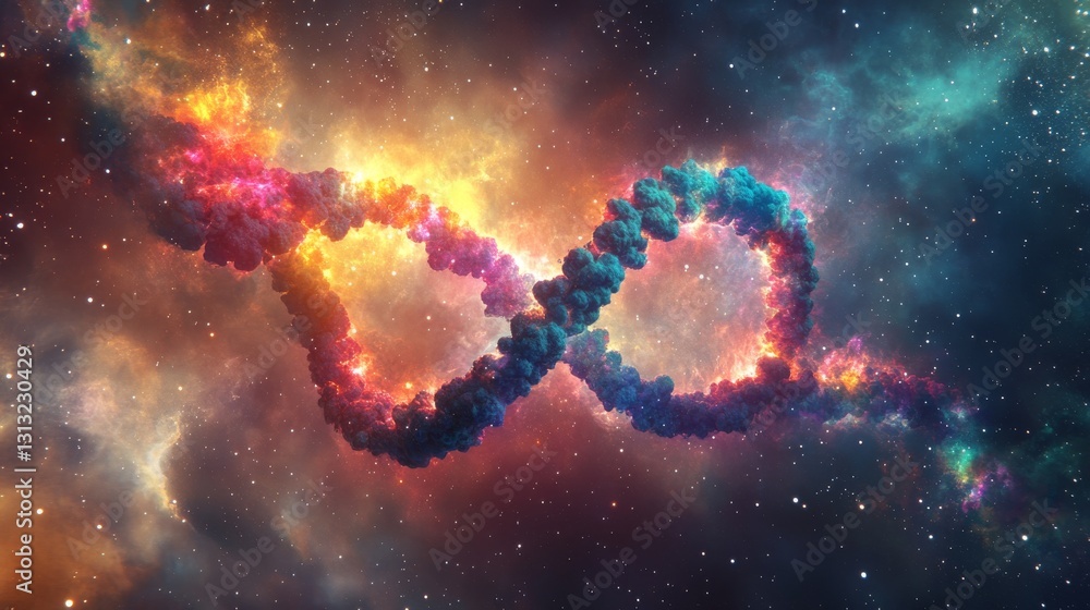 Poster a vivid, glowing double helix dna strand floating in the vast cosmos, representing genetics, science