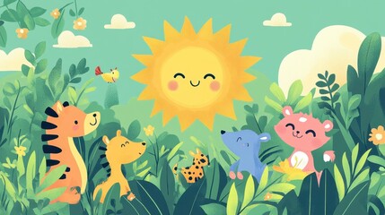Fototapeta premium Animated Animals Gathering Under A Bright Smiling Sun