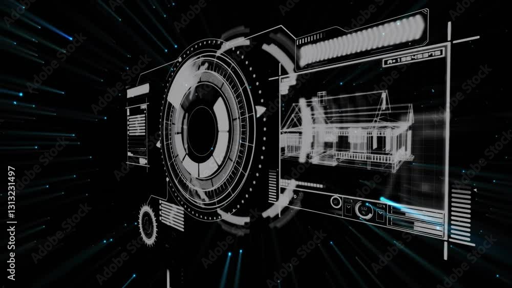 Poster animation of futuristic digital interface with rotating elements and architectural blueprint