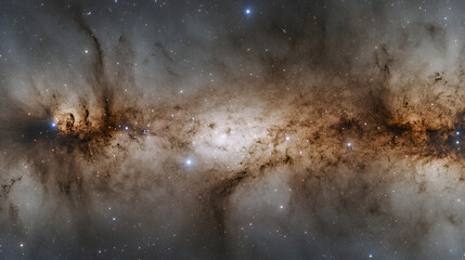 Obraz premium A breathtaking cosmic landscape showcasing a vast nebula, swirling with shades of brown and grey. Stars twinkle against the backdrop of interstellar dust and gas, creating a stunning celestial scene.