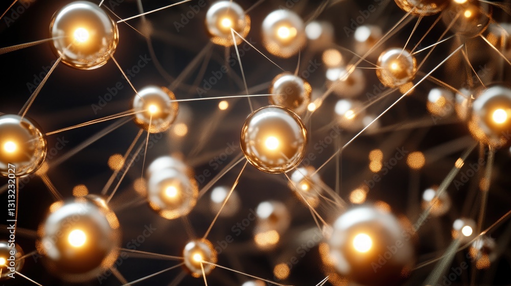 Poster abstract representation of glowing golden molecules and connecting lines in a dark background