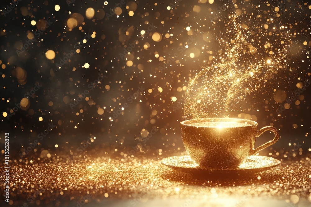 Poster a golden cup of something illuminated with sparkling particle effects