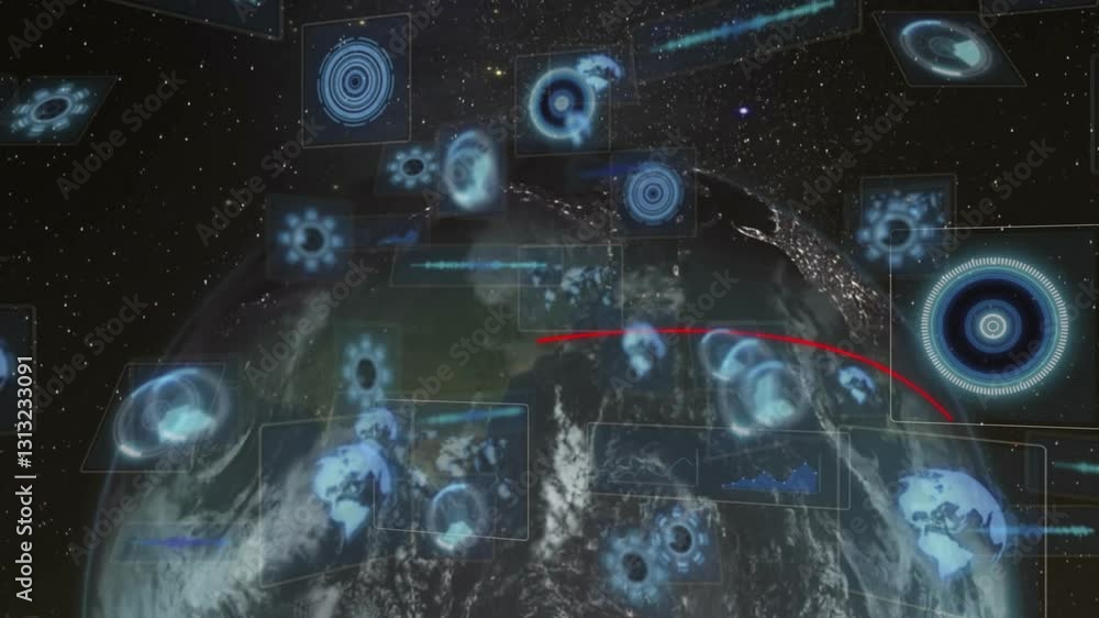 Poster digital interface with data processing animation over earth from space
