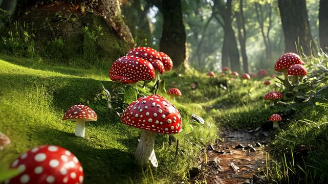 Vibrant red toadstool mushrooms dot a lush green forest path under soft morning light