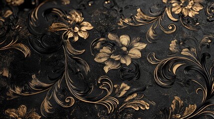 Ornate Floral Design with Gold Accents on Textured Black Background for Elegance in Interior Decor
