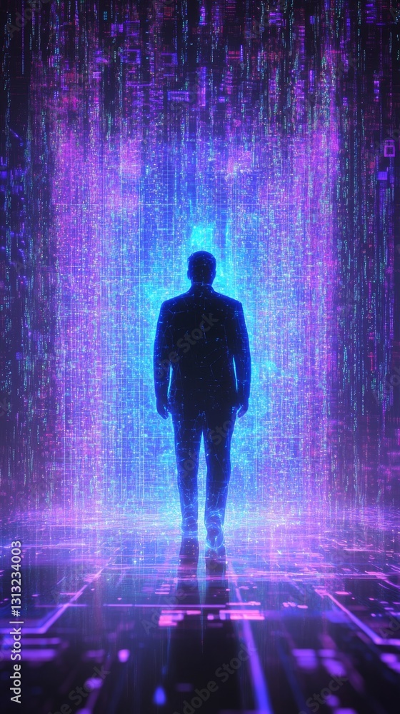 Poster a striking image of a silhouette walking through a digital matrix of glowing blue and purple light. 