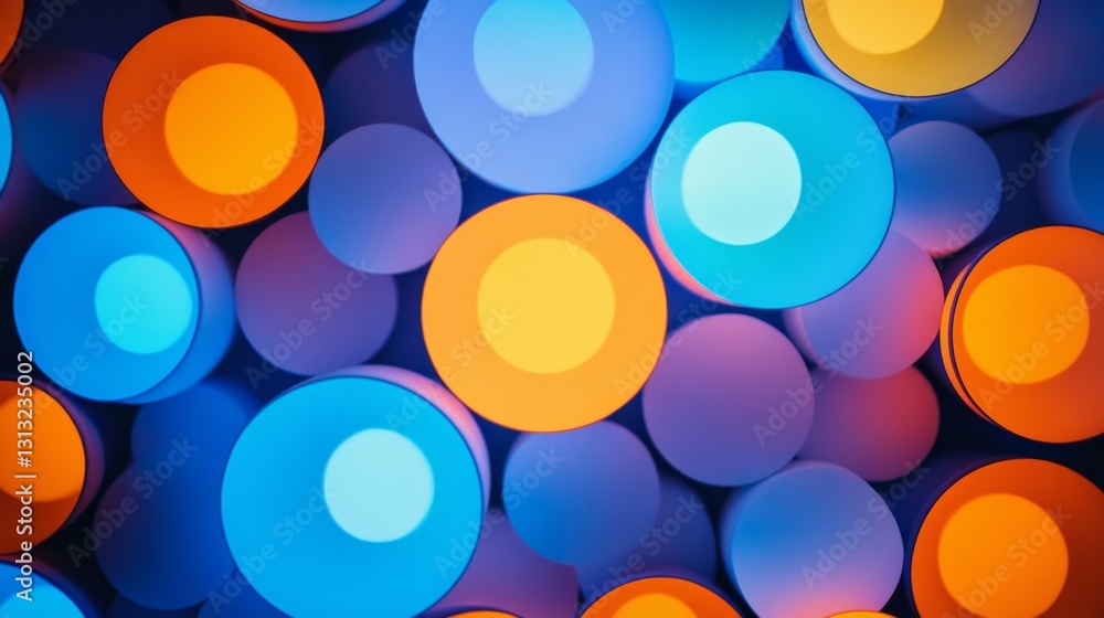 Poster a close-up view of overlapping circular lights in vibrant blue, orange, and yellow tones, creating a