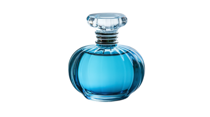 Blue luxury glass perfume bottle isolated on transparent background, showcasing elegant fragrance and cosmetics products, symbolizing fashion and beauty in a glamorous setting.