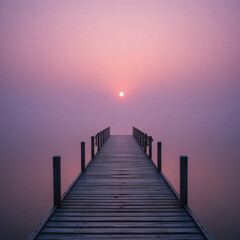 Fototapeta premium Dock Leading to Sun in Foggy Lake Waterscape at Sunrise