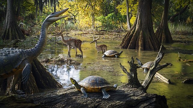 Prehistoric inspired Jurassic swamp where Siberian sturgeons alligator gars snapping turtles goliath herons and marsh deer coexist