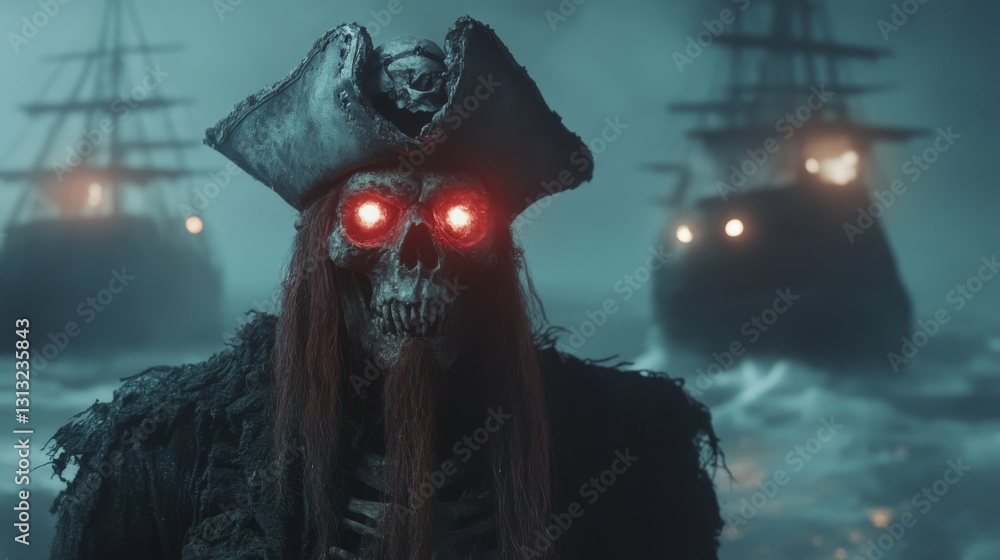 Poster a sinister skeleton pirate captain with glowing red eyes commands his ghostly fleet in an ominous, m