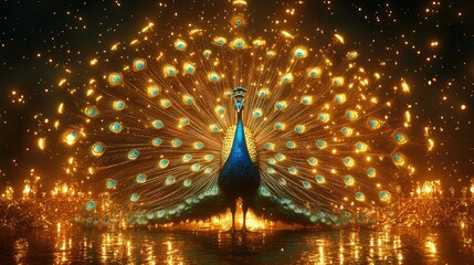Majestic Peacock Displaying Vibrant Feathers Surrounded by Stunning Golden Lights and Sparkles at Night